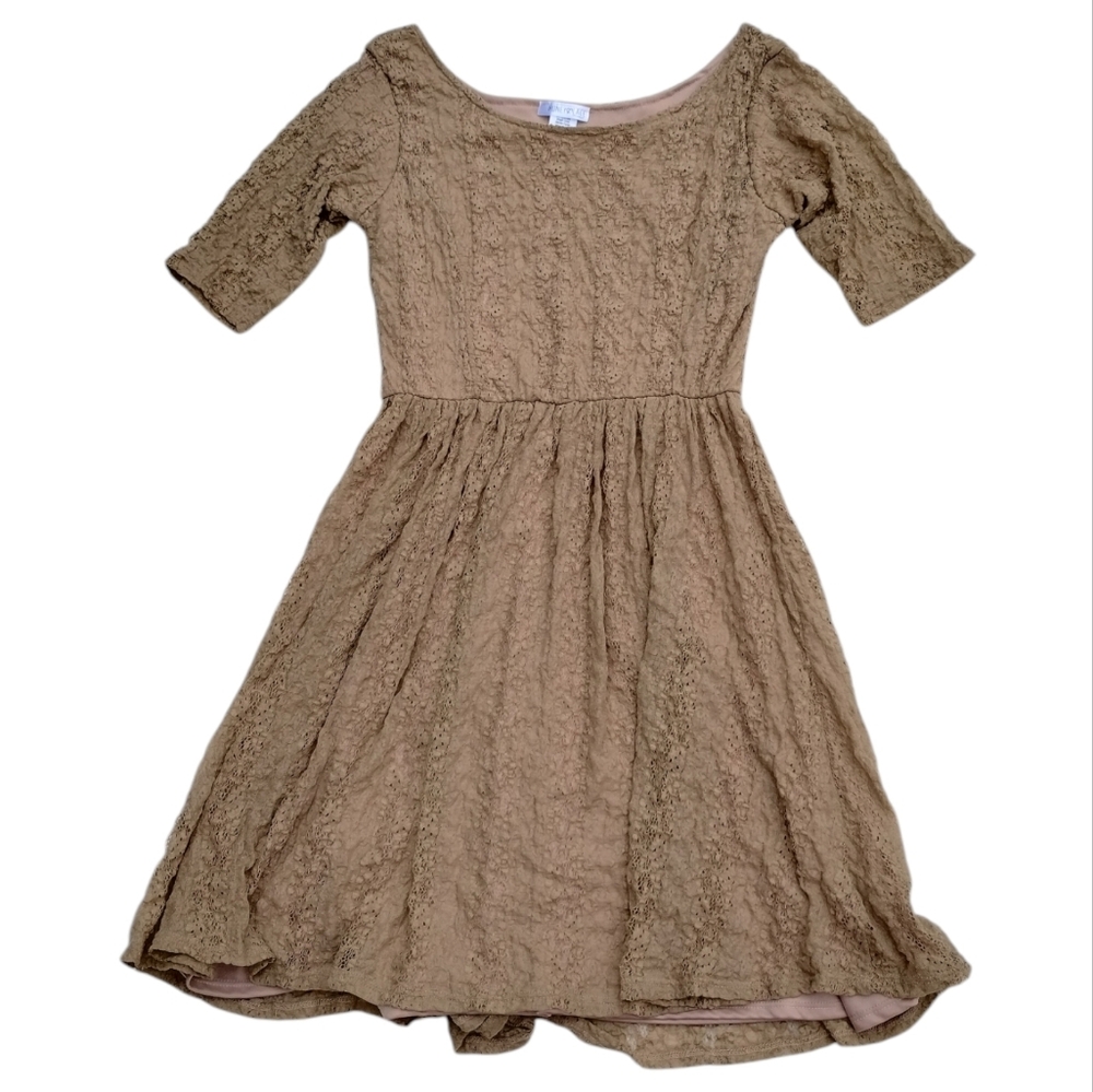 Honey & Lace Women's Skater Dress Size Large Tan Nude Lace Short Made In USA
